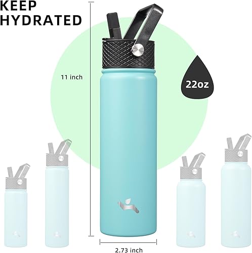Miniatura 5 de Botella de agua aislada con popote, 22 onzas, 3 tapas, botellas de metal, botella de agua de acero inoxidable, turquesa