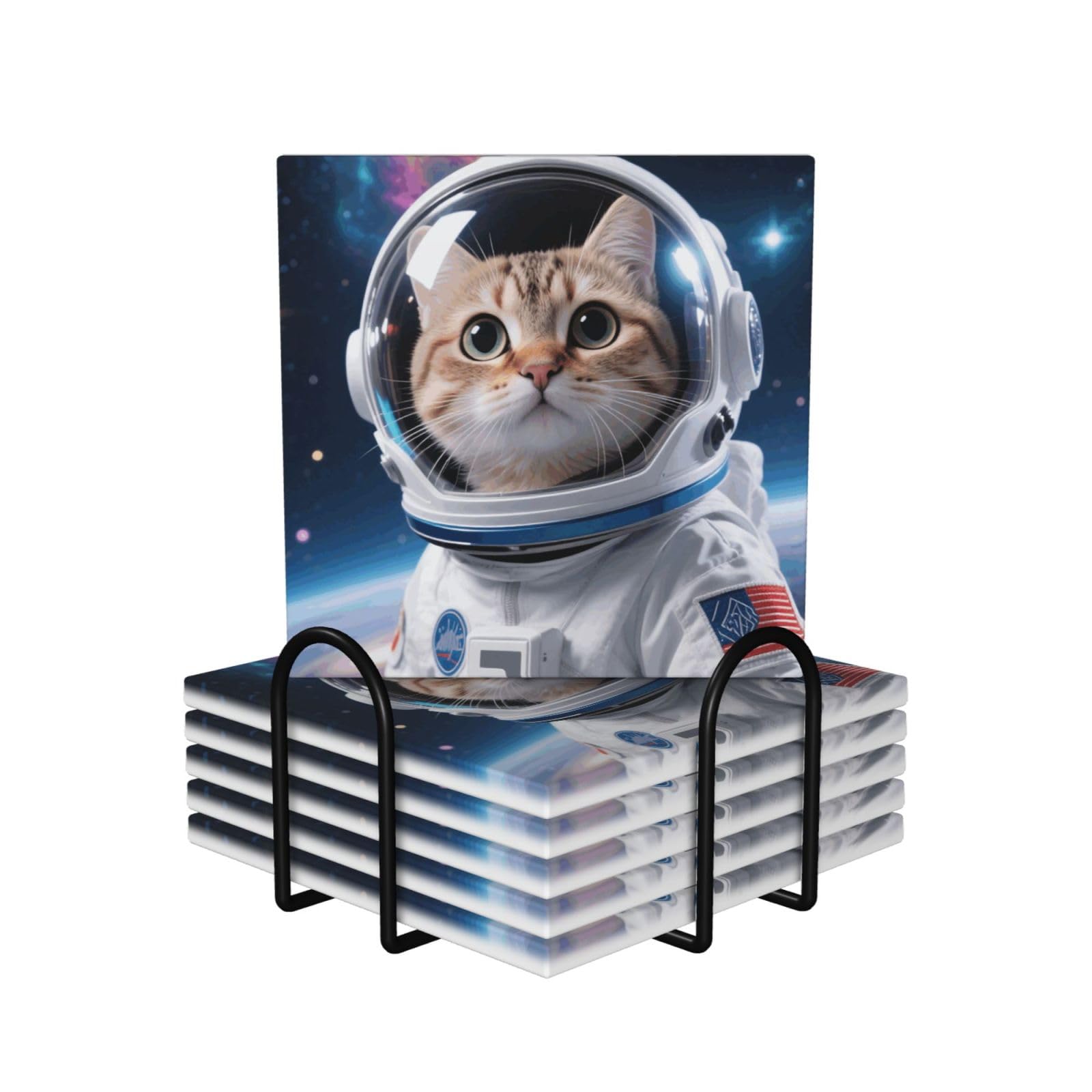 Dessous de verre chat astronaute ultra absorbants en céramique avec support lot de 6