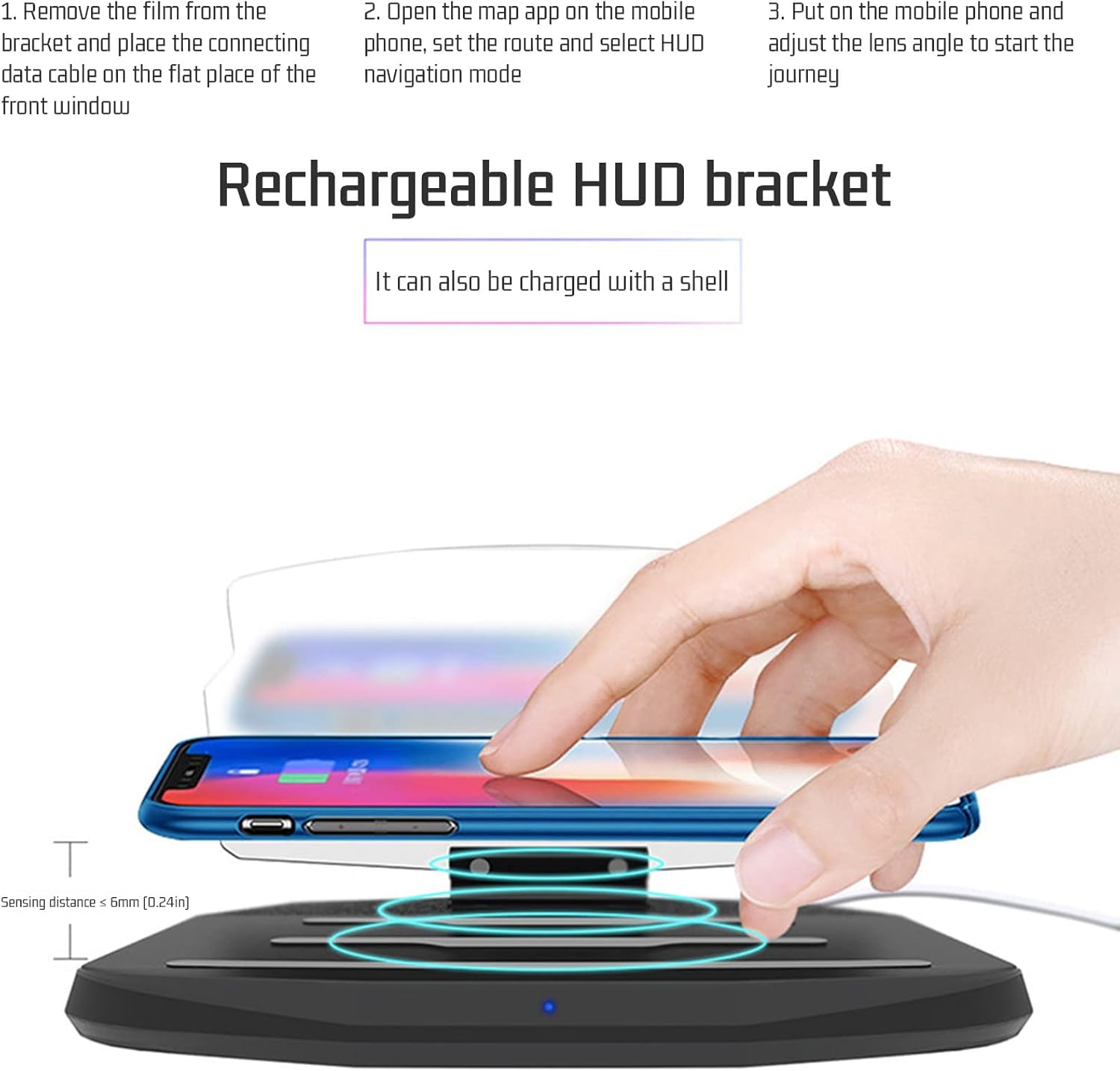 mobile holder hud car navigation projector head up display qi intelligent induction wireless fast charging compatible with android and ios cell phon