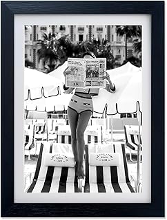 Framed Black and White Summer Wall Decor Woman Reading Newspaper Beach Canvas Print Artwork Luxury Fashion Girly Wall Art ...
