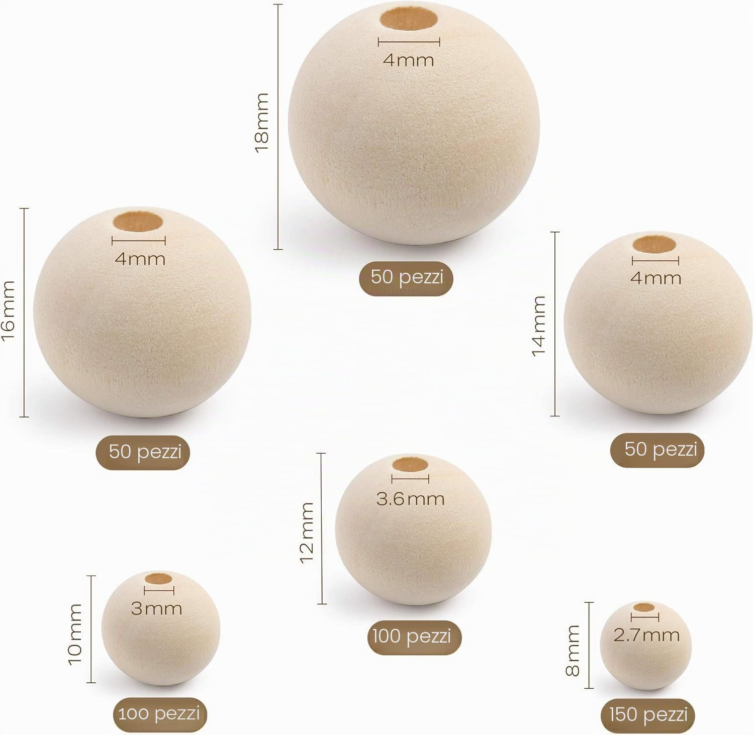 LotFancy Perline di Legno da Infilare, 500 Palline con Foro in 6 Misure, Perline di Legno Naturale da 8 mm, 10 mm, 12 mm, 14 mm, 16 mm e 18 mm per Braccialetti Fai da Te e Artigianato in Macramè