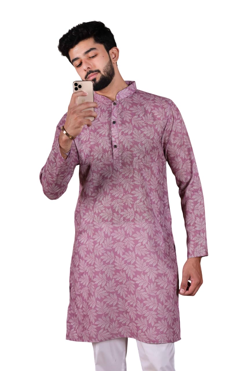 koshin Men's Cream Pure Linen Ethnic Digital Print Kurta with White Solid Pyjama - LIN-DP-picture-53