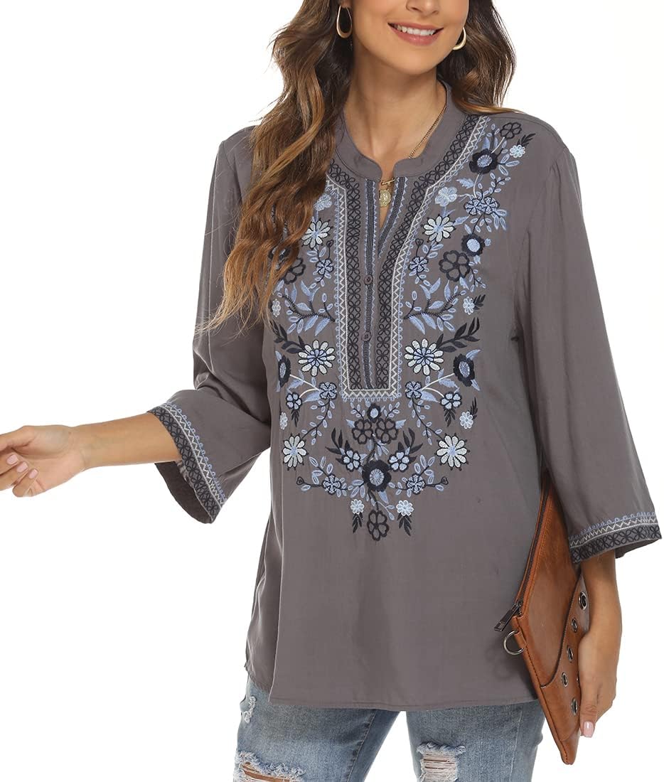 AK Embroidered Tops for Women 3/4 Sleeve Bohemian Mexican Floral Peasant Shirts Loose Tunic Blouses - Image 5