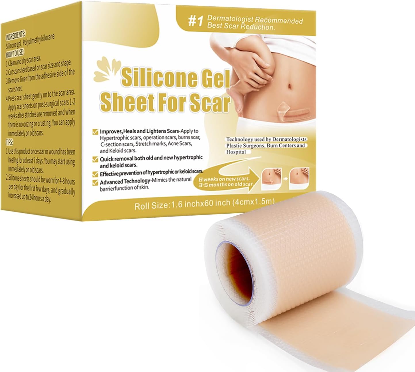 Silicone Scar Sheets [1.6" x 60"], Professional Reusable Scar Removal Roll Tape, Fast & Effective Scar Removal Sheets for Acne, Keloid, Burns, C-Section