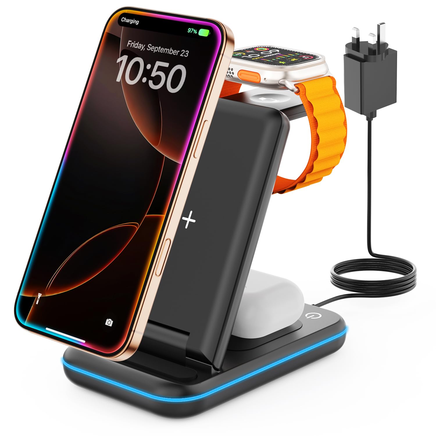 GEEKERA 3 in 1 Wireless Charging Station, Foldable Wireless Charger Stand for Multiple Apple Devices for iPhone 16 15 14 13 12 11 Pro Max Plus XR X, Apple Watch Ultra/9/SE/8/7/6/5/4/3/2, AirPods Pro/3