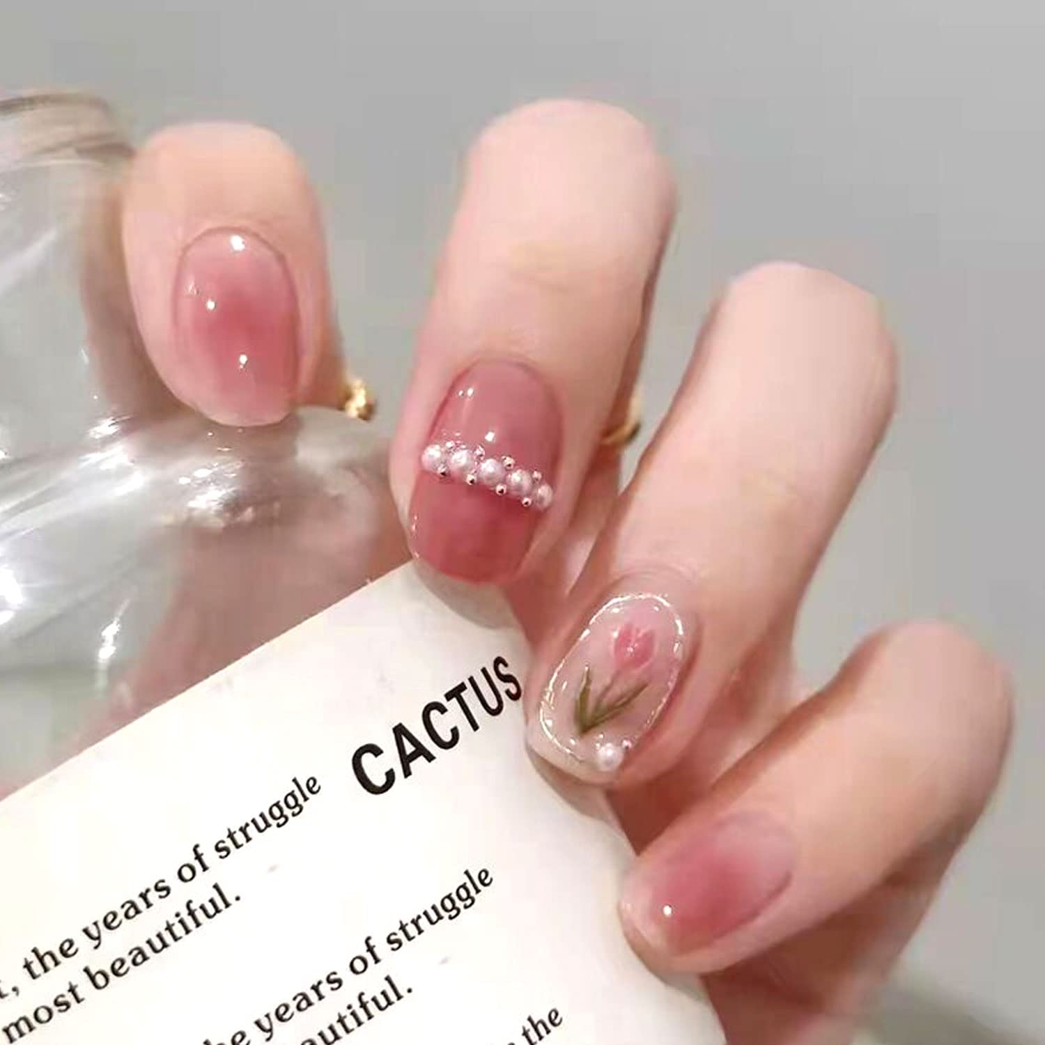 Photo 1 of  3 Pack 24pcs Press on Nail Short,Fake Nail with Design Square Shape Sticker on Nail with Glue Summer Pink Tulip with Pearl Design Full Cover Cute False Nails for women