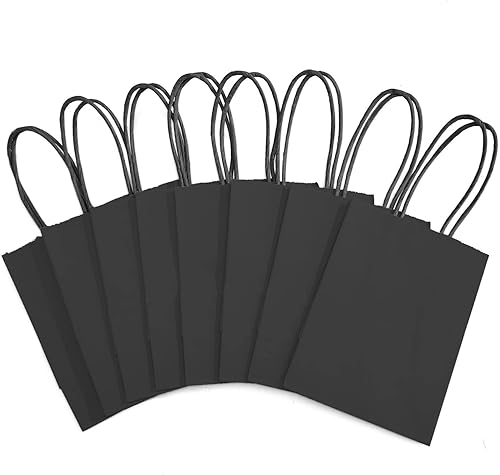 Miniatura 8 de DjinnGlory Paquete de 60 mini bolsas de papel negro para regalos de fiesta con asas a granel de 6.3 x 4.7 x 2.75 pulgadas para regalos de