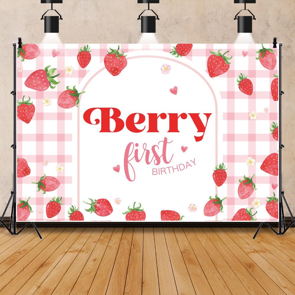 Canessioa Pink Gingham Berry First Birthday Backdrop Girls Strawberry First Birthday Backdrop Berry Sweet Princess Theme Birthday Party Decorations