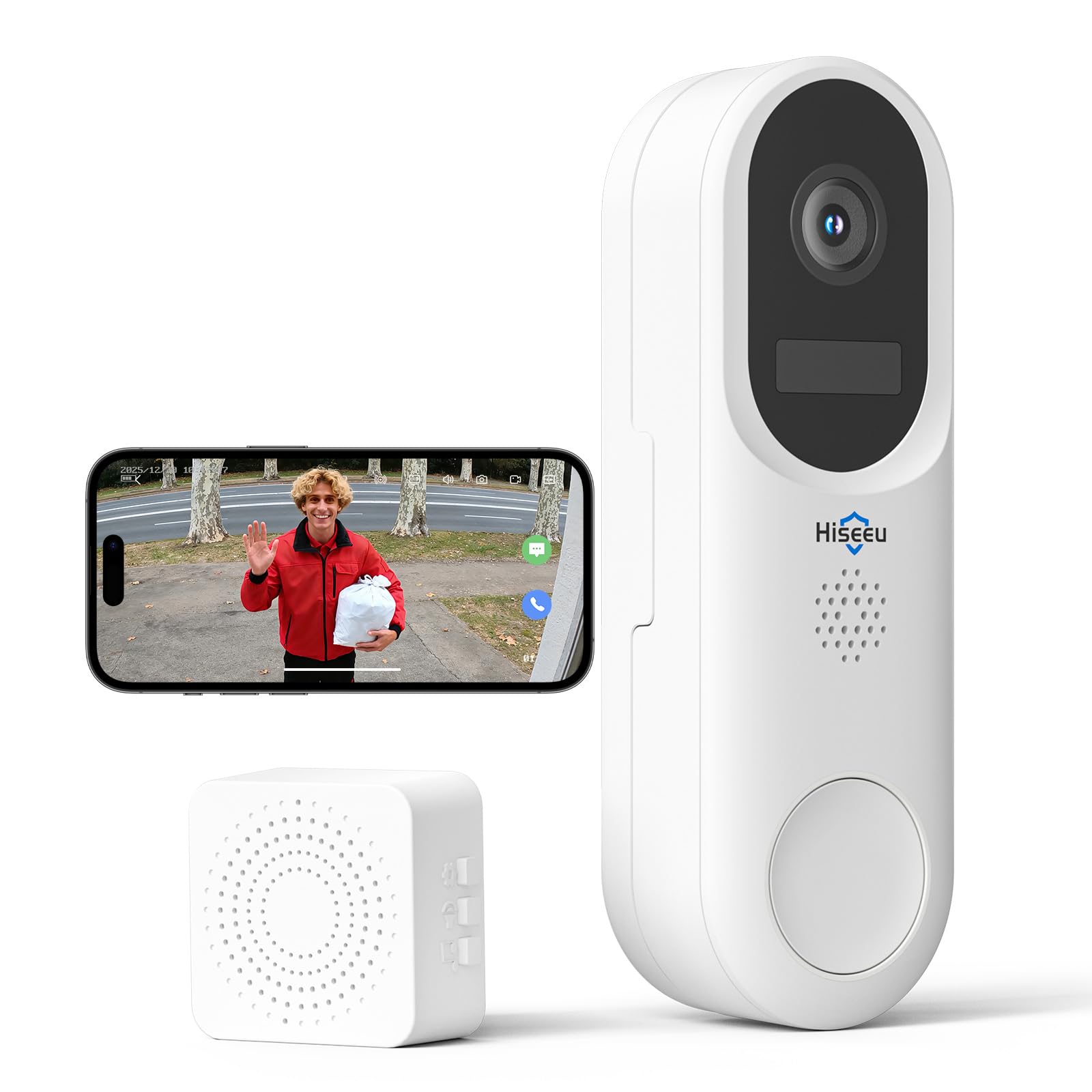 Hiseeu Light 2K Hd Wireless Video Doorbell Camera, Real-Time View, Two-Way Audio,Rechargeable Battery 4500Mah,Smart Human Detection, Night Vision, Ip65 Waterproof, 2.4G & 5Ghz Wifi, Requires Kit