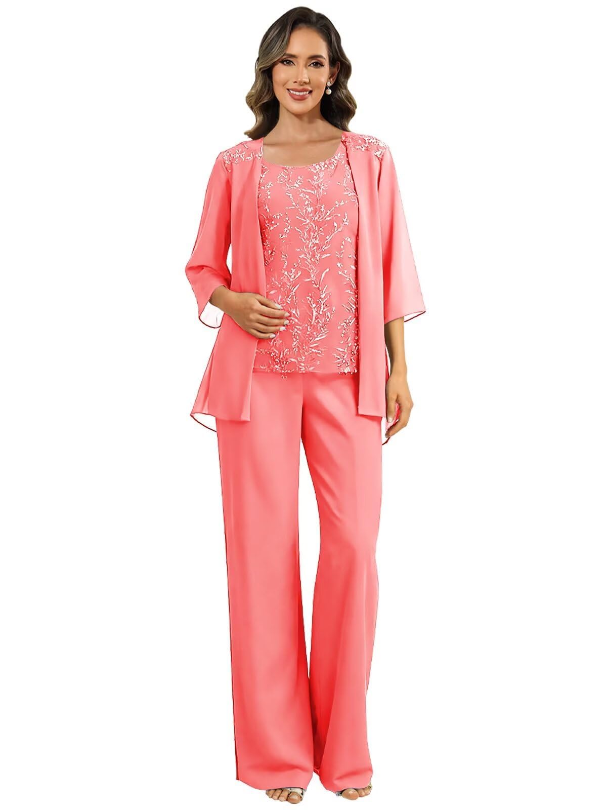 JAEDEN Damen Hosenanzug für Hochzeit Chiffon Brautmutter Anzug Festlich 3 Teilig Hosen Set Koralle 34