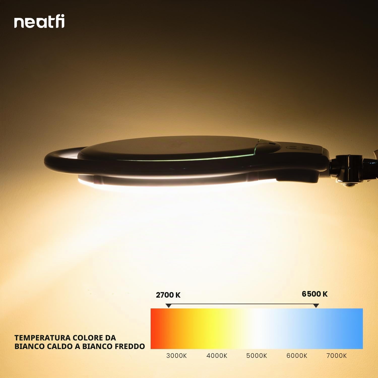 Neatfi Elite XL LED Lampada ingrandente, 3 diottrie con 12 diottrie, dimmerabile, 3 modalità di luce (3000K/4000K/6500K), priva di abbagliamento, braccio regolabile (Bianco, 18 CM Lente in Vetro)