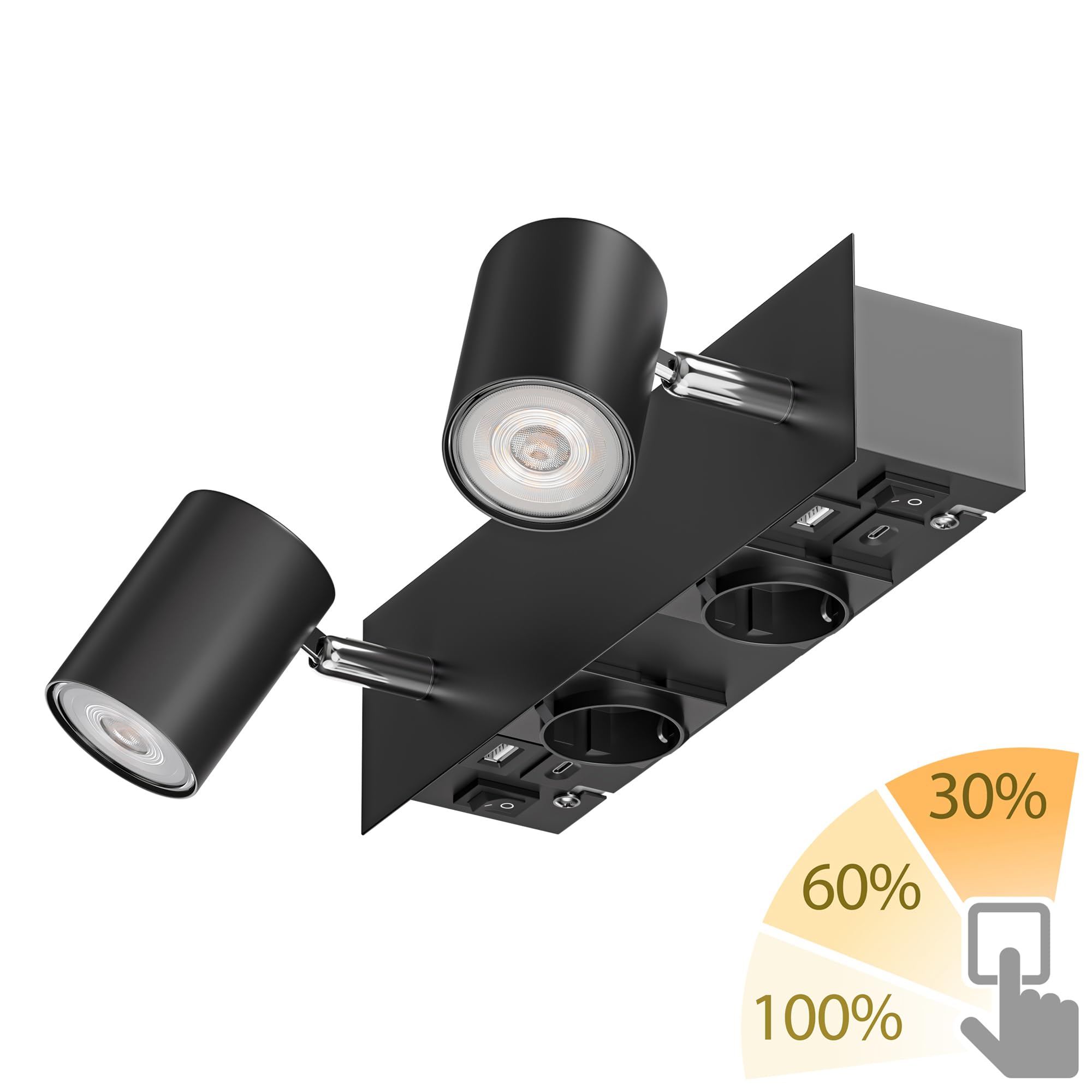 ledscom.de Wandspot WAIKA, 2-flammig, schwarz, Steckdosen, USB-C, USB-A, inkl. LED GU10 Lampen, 3-Stufen-Dimmer, je 374lm, 70°, warmweiß
