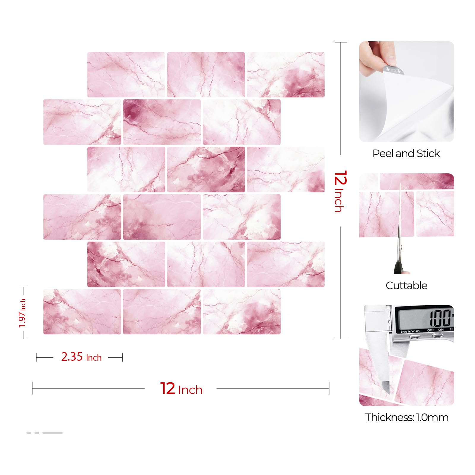 Livelynine Paraschizzi Cucina Adesivo 3D Rosa Piastrelle Adesive Bagno Rosa Bianco Effetto Marmo Mattonelle Adesivi Cucina 3D 30x30CM 16 Pezzi Impermeabile Mattonelle Adesive Bagno per Muro Camino