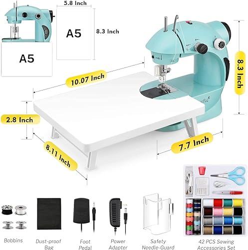 Miniatura 2 de Magicfly Mini máquina de coser con mesa de extensión, máquina de coser portátil de doble velocidad para principiantes con luz, kit de costura