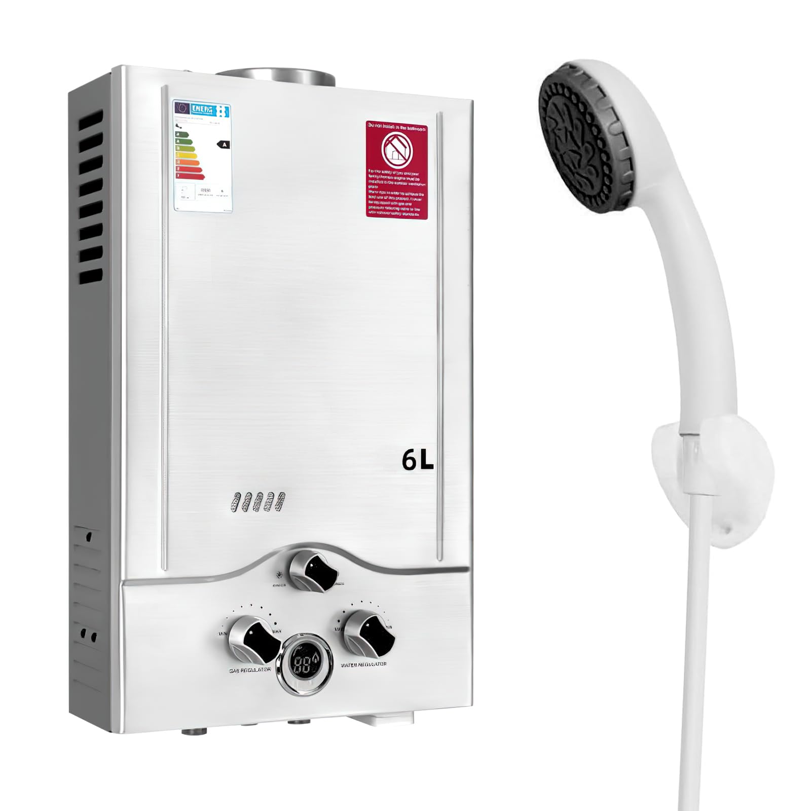 Scaldacqua a Gas, scaldabagno a gas propano GPL 6L con kit doccia, con modalità inverno ed estate, scaldabagno istantaneo senza serbatoio 16kw, per casa ed esterno (B)