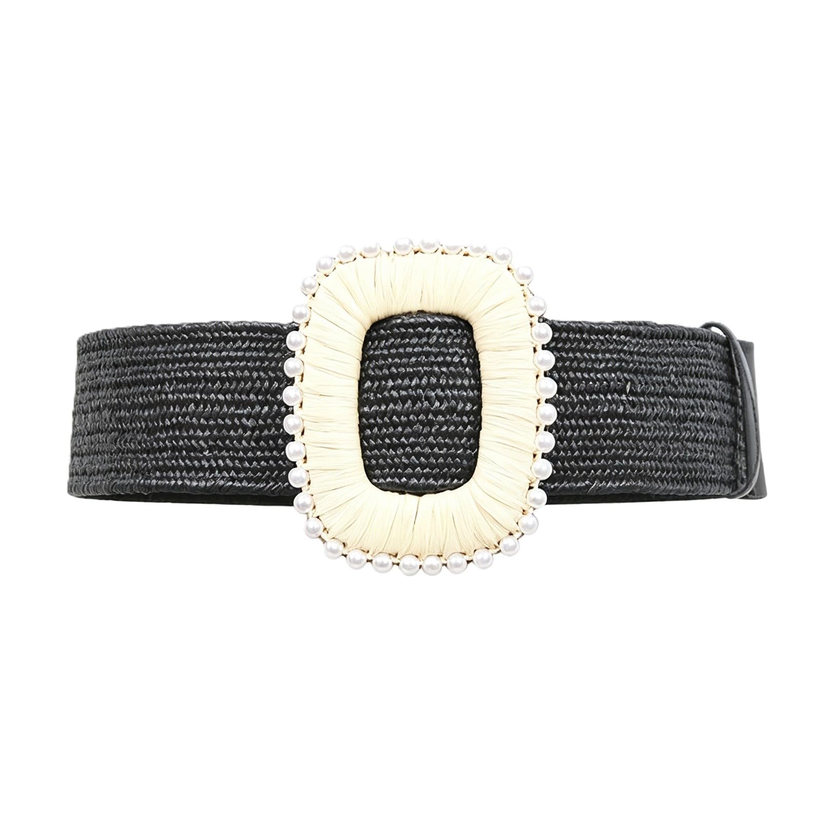 AGUTALITHIC Women Straw Woven Stretch Dress Belt, 4.8cm Wide Boho Braided Raffia Elastic Waist Strap with Pearl Prong Buckle(105cm/41, Black-B)