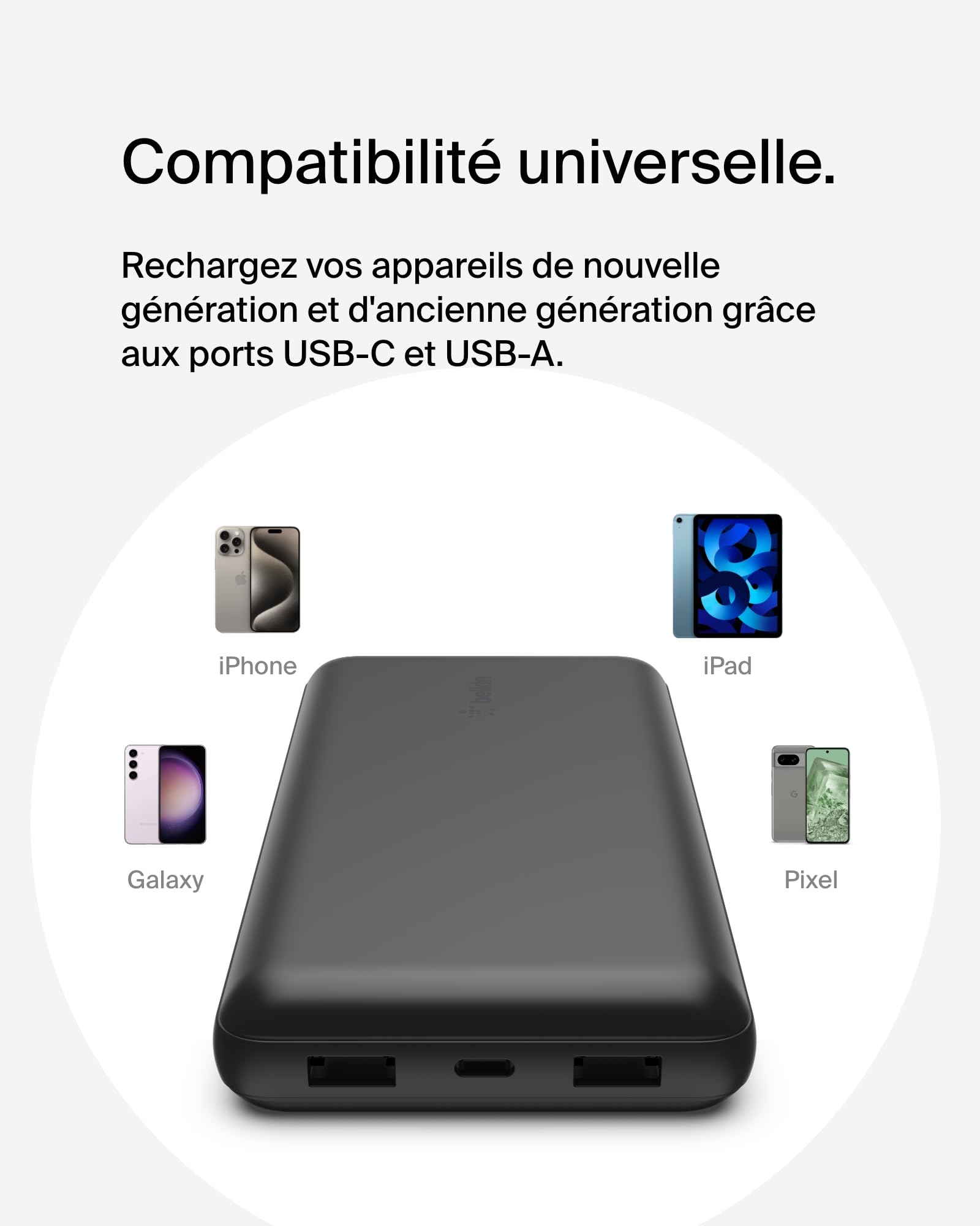 Belkin Batterie externe USB-C 20000mAh (power bank puissance de 20K, entrée et sortie USB-C, 2 ports USB-A, câble USB-C vers USB-A fourni, pour iPhone, Galaxy, Pixel, iPad, AirPods, etc.) - Noir
