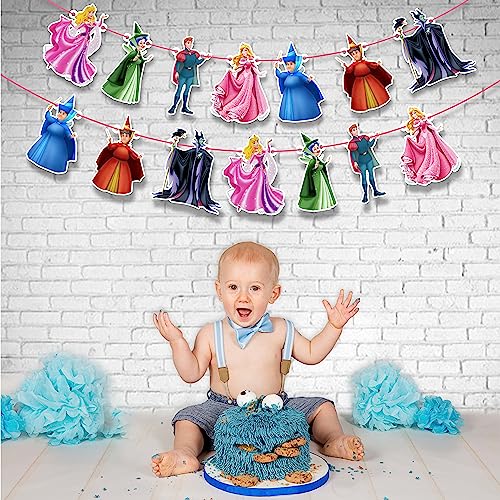 Image of Sleepin Beauty Garland Decoration - Princss-Themed Party Banner Featuring Castles, Crowns, Roses & Magical Icons - Elegant Supplies for Birthdays, Celebrations & Themed Events