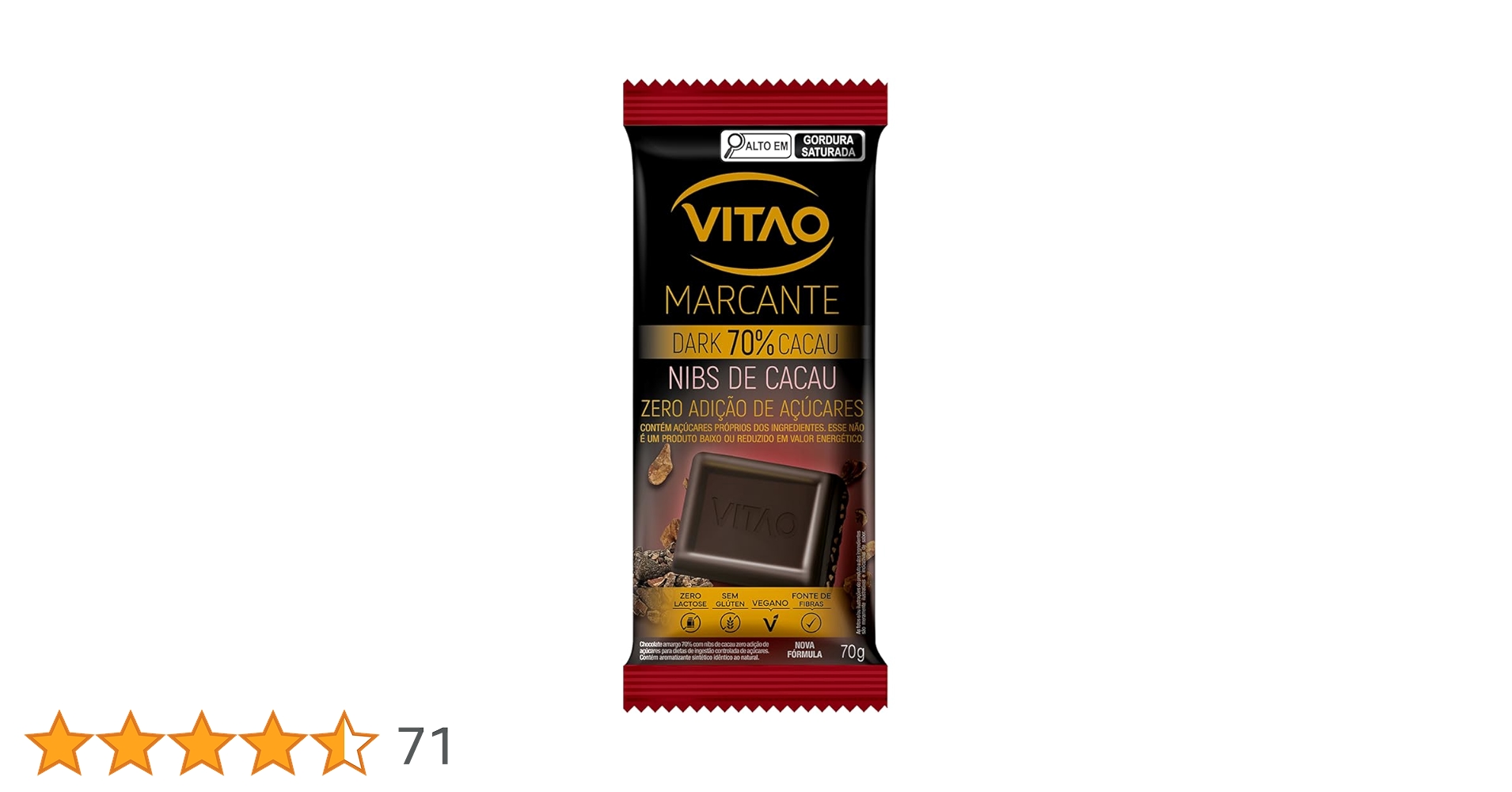 Chocolate Vitão Dark 70% Cacau Nibs de Cacau Zero Açúcar 70g