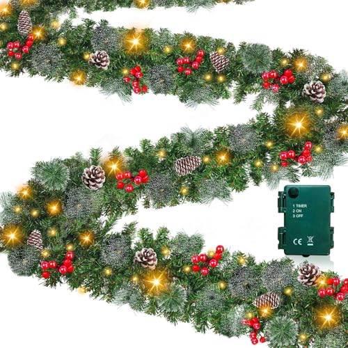 Timer - 9Ft by 10 Inch Prelit Christmas Garland Decoration with 50 Warm White LED Battery Operated Lighted Garland, 200 Branches 20 Canyon Pine Berry Pinecone, Xmas Stair Home Fireplace Outdoor Indoor