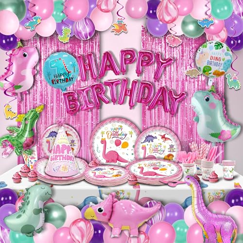 Image of 150 pcs Dinosaur Birthday Party Supplies For Girls (Serves 12), Pink Dinosaur Party Decorations, 50 pcs Latex Balloons, 12 sets Tableware, Plates, Tablecloth, Installation Tools