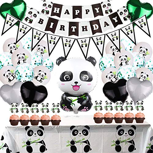 Cute Panda Party Supplies for Girls Panda Happy Birthday Banner Panda Balloons Cupcake Toppers Tablecloth for Kids Boys Girls Panda Theme Birthday Party Decorations