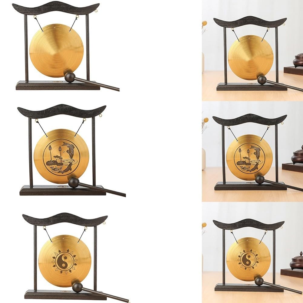 DAZZLEEX Feng Shui Gong in ottone, con base e telaio in legno, disco in rame e martello in legno, per decorazione cinese per la casa e l'ufficio, ornamento decorativo per l'inaugurazione della casa