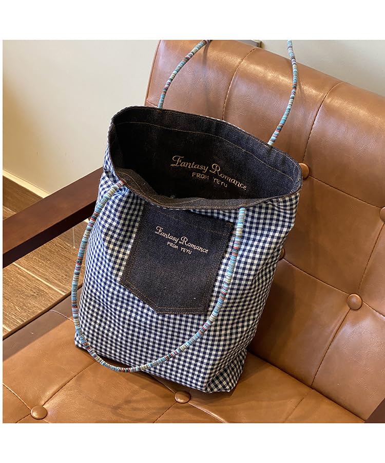 Checkered Denim Shoulder Bag for Women - Spacious Lightweight Crossbody Purse (Blue)3