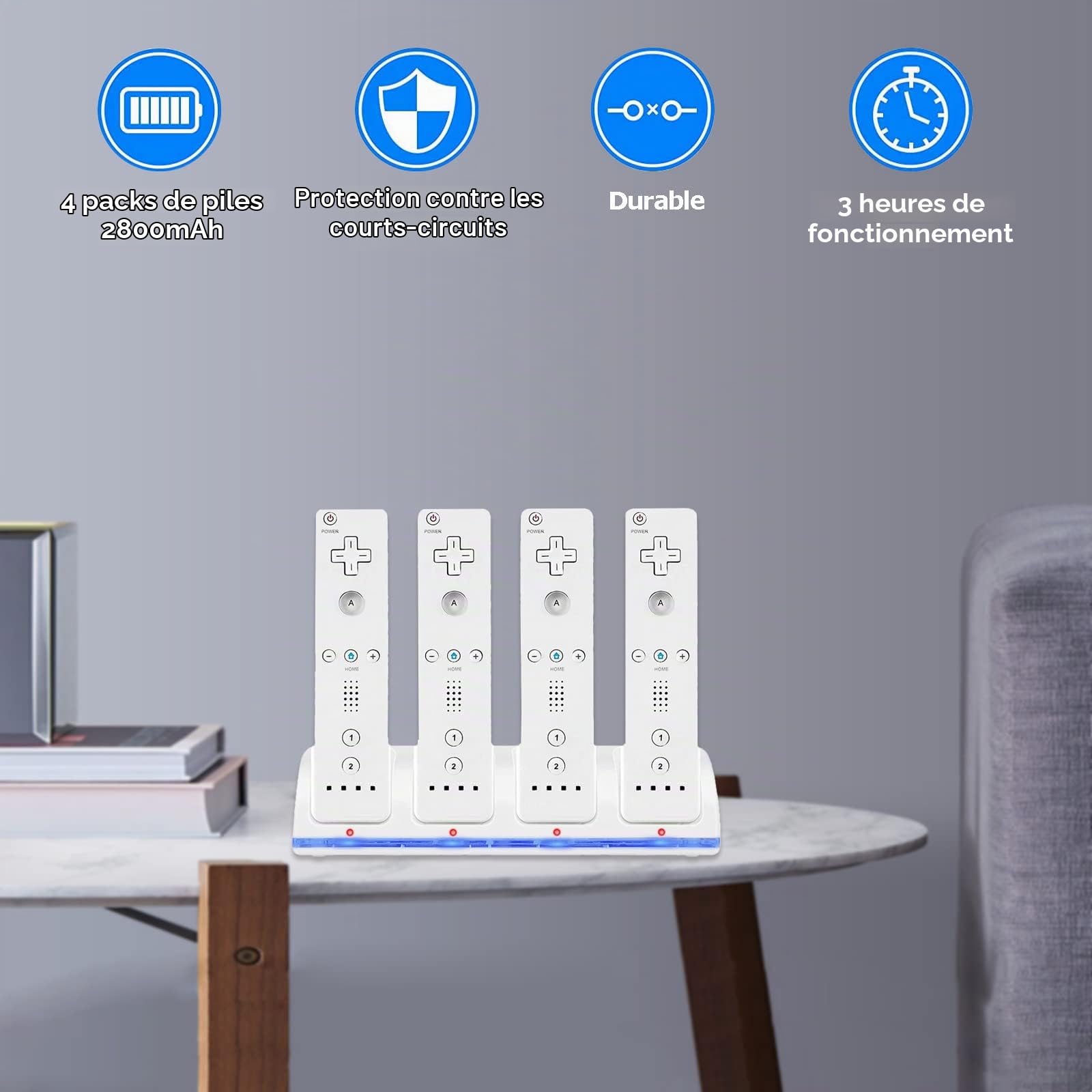 SOONHUA Station de Charge Wii 4 en 1 Avec 4 Piles Rechargeables Et Indicateurs LED pour Télécommande - Blanc