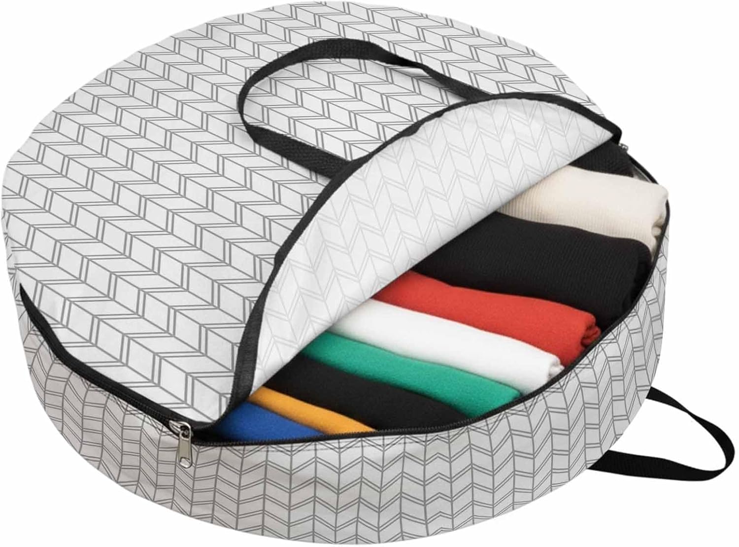 Striped Abstract Round Storage Bag 36 Inch, Chevron Pattern Gray Line Simplicity Clothes Storage Container with Handles Heavy Duty Organizer for Comforter, Bedding & Holiday Wreaths