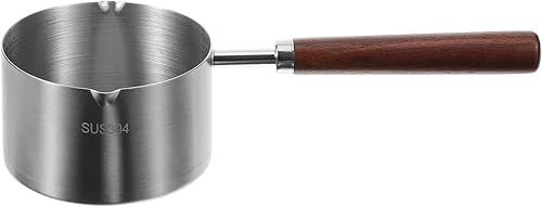 Miniatura 10 de Kichvoe Cacerola con mango de madera de acero inoxidable, olla de doble boquilla para aceite, olla calentadora de leche, jarra espumosa, apta para
