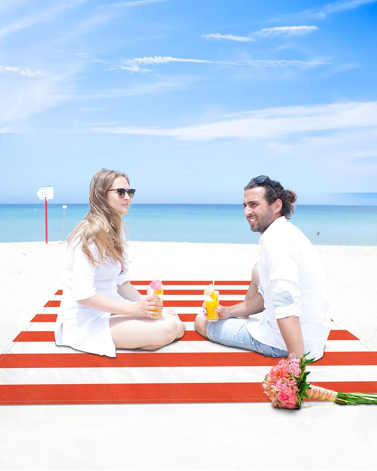 Geometric Horizontal Stripes Beach Blanket Waterproof Sandproof Outdoor Picnic Mat 95"x80" Orange and White Lightweight Large Beaach Blankets with 4 Stake & 4 Corner Pockets