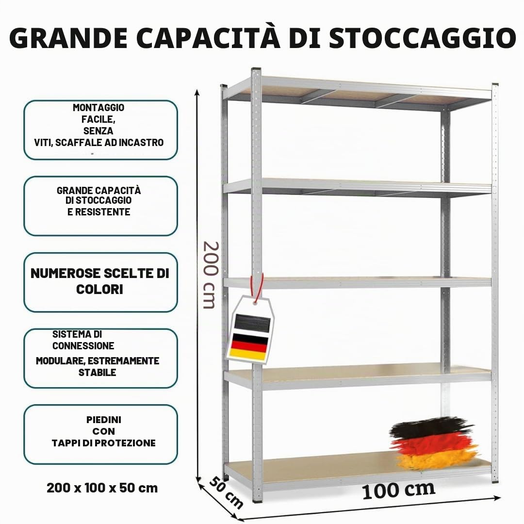 KARAT Ripiani per carichi pesanti – Scaffali a innesto con 5 ripiani regolabili – Scaffalature in metallo ideale per cantina garage magazzino – Set di 2 pezzi, modello Lakota (argento, 200 x 100 x 50