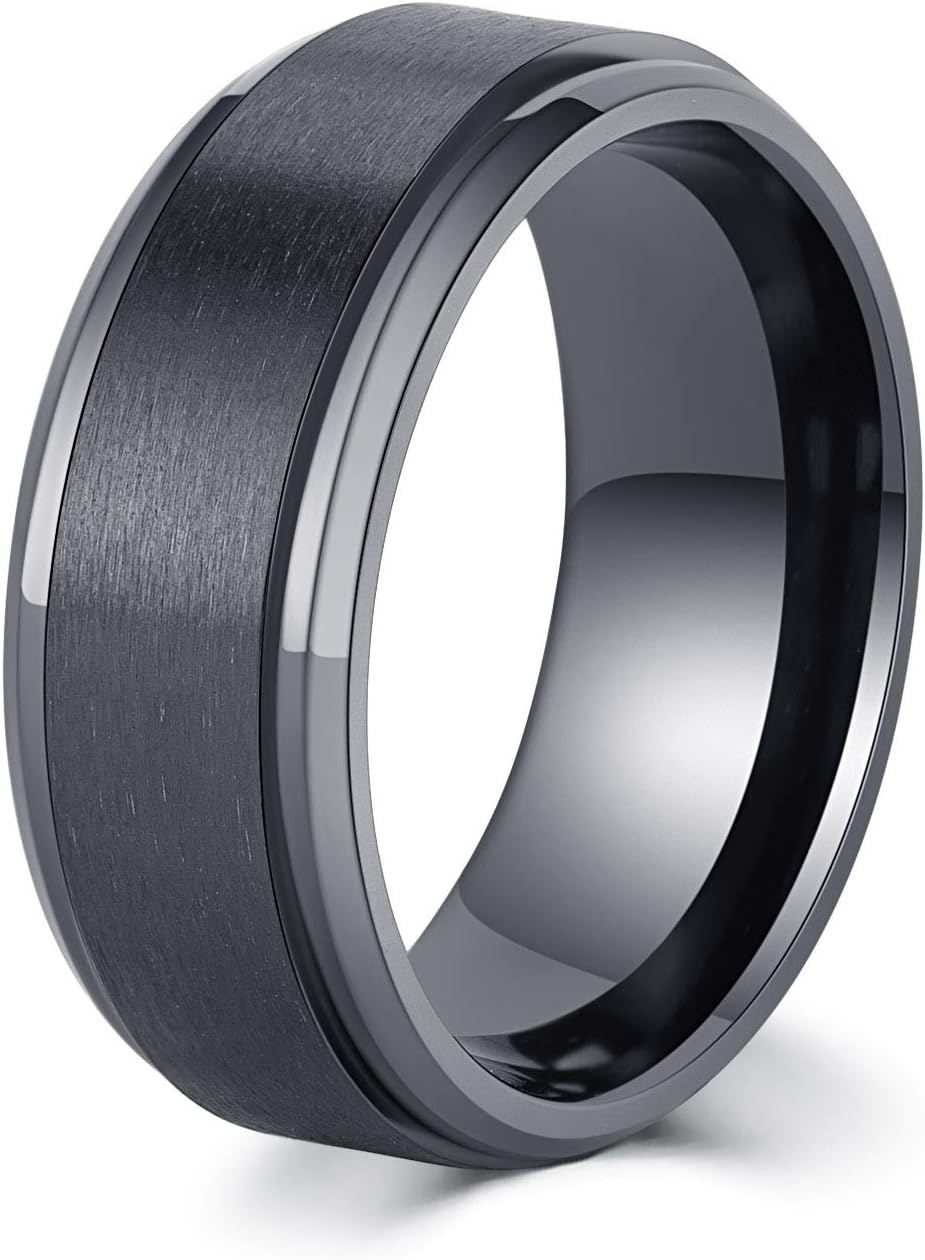 Mens 8mm Black Zirconium Ring Wire Drawing and Polished Process Stepped Edge Comfort Fit