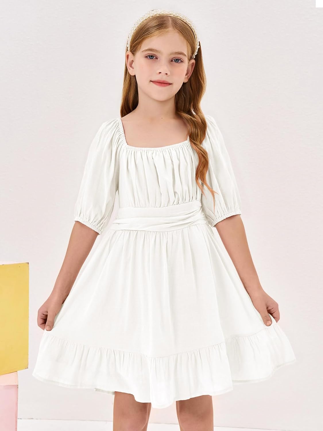 Girls Summer Dresses Square Neck Lantern Sleeve Tie Backless Ruffle A-Line Party Mini Dress - Image 2