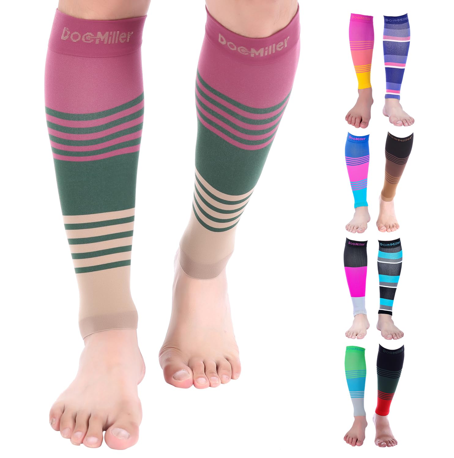 Doc Miller Compression Calf Sleeve for Men & Women, 20-30 mmHg Graduated Support, Knee High, Running, Shin Support, Calf Sleeves, Striped Design, 1