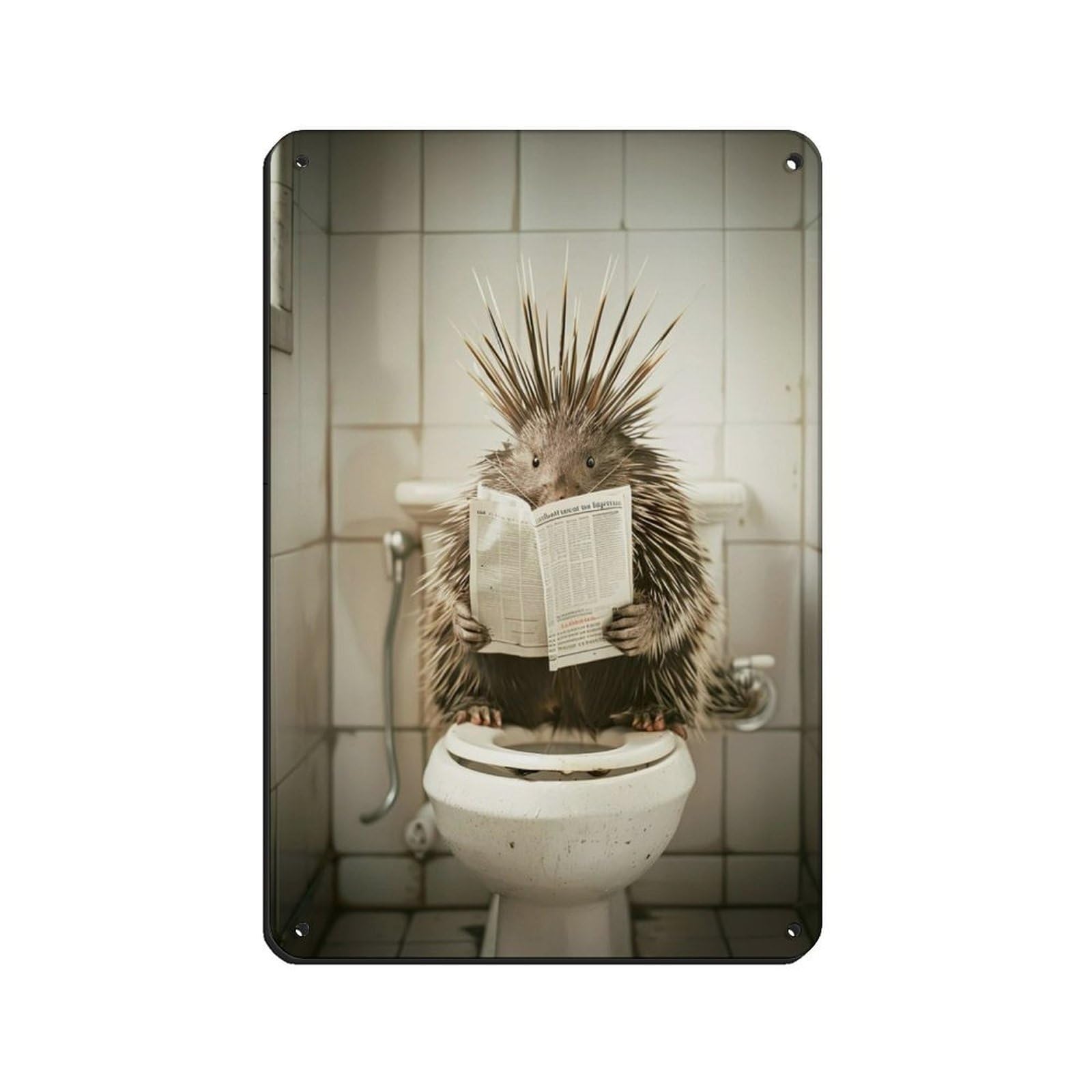 Porcupine Sitting on The Toilet Reading A Newspaper (2) Retro Poster Metal Tin Sign Chic Art Retro Iron Painting Bar People Cave Cafe Family Garage Poster Wall Decoration 8x12inch(20x30cm)