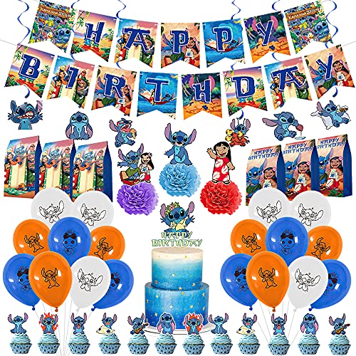 Lilo Stitch Party Supplies,Stitch Happy Birthday Party Decorations,Lilo And Stitch Cupcake Toppers,Spiral,Banner, Lilo Stitch Theme Cake Decoration Boy Children Cartoon Party Decoration Supplies