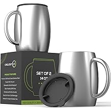 CHILLOUT LIFE Stainless Steel Insulated Coffee Mugs Set of 2 (14oz) &ndash; Double Wall Coffee Cups with Spill Resistant Lid & Strong Handle, Shatterproof Cups for Cold Drinks and Hot Beverages