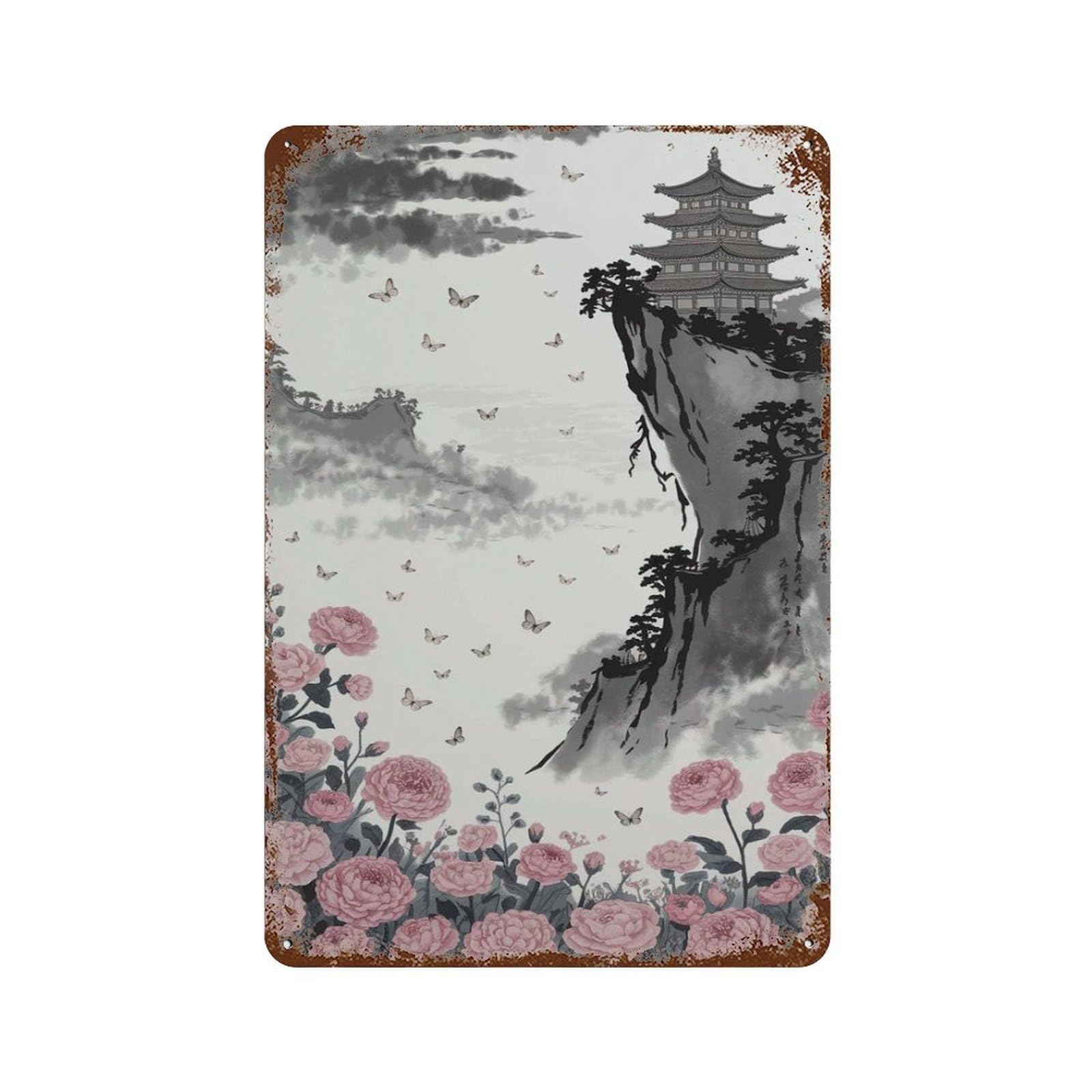 xiaoxiaoshen Chinese Landscape – Pagoda on Cliff Pink Flowers And Butterflies Asian Ink Tradi Wall Decor Art Metal Tin Poster Modern Home Decor Art Home Bar Shop Decorations Vintage Sign 30x20cm
