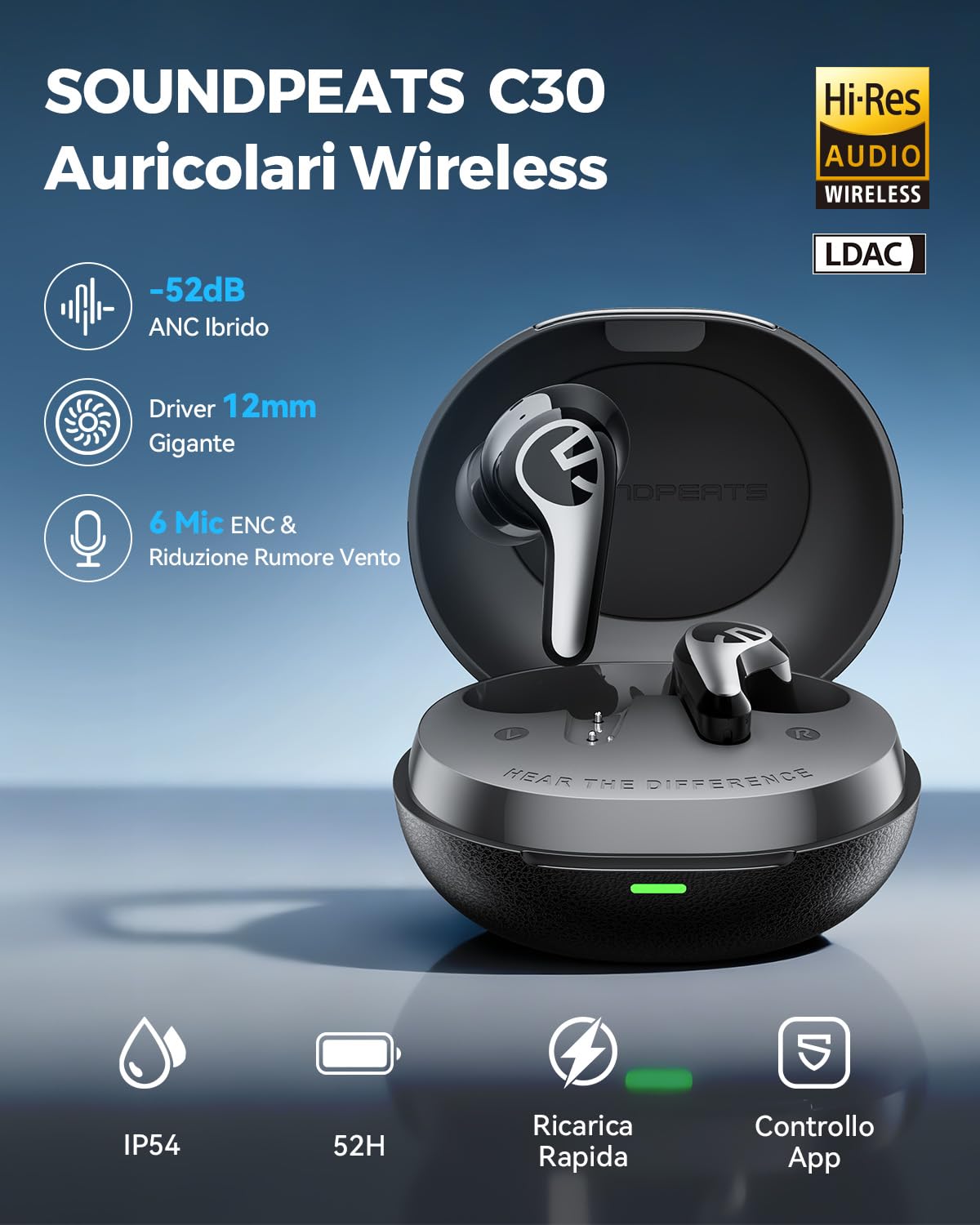 SoundPEATS C30 Cuffie Bluetooth 6.0 In-Ear, ANC Ibrido 52 dB, Hi-Res LDAC, Driver 12mm, 6 MIC, 52 Ore Autonomia Ricarica Rapida, IP54, Audio Spaziale