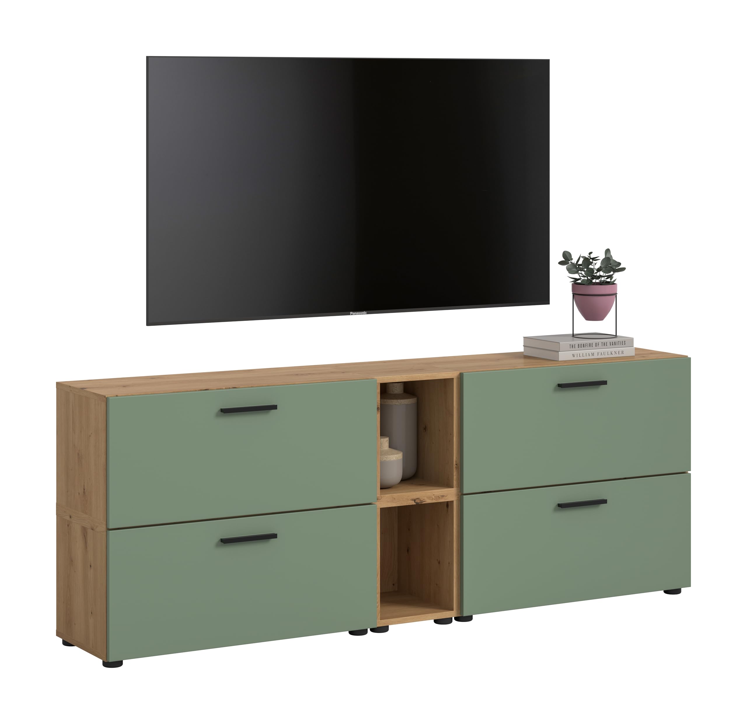xonox.home – Wohnkombination The One 176x67x34 cm in Artisan Oak und Smoke Green – Kompakte Wand mit 4 Klappen – 10 Fächer bieten viel Stauraum & eine beruhigende Farbkombination für den Raum