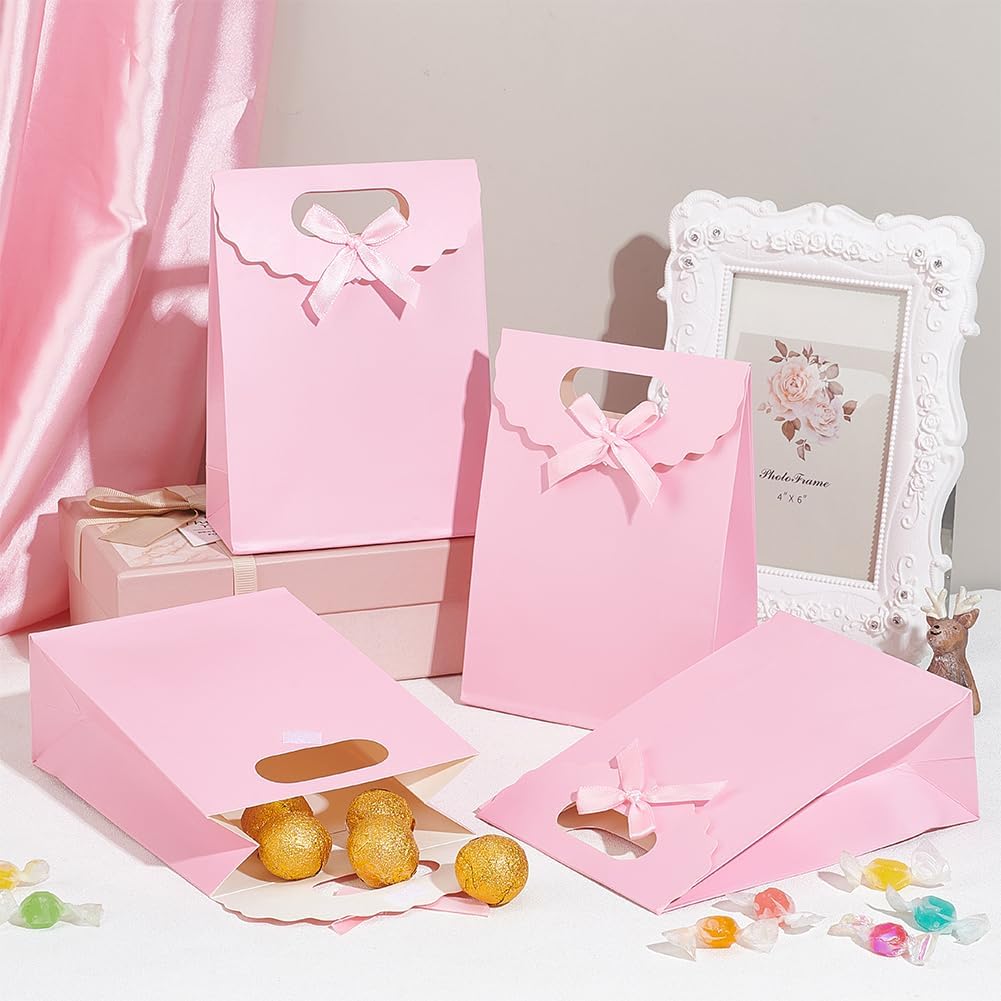 NBEADS 24 Pcs Pink Kraft Paper Bags with Handle, 6.5x4.72x2.36 Inch Stand Up Gift Bag with Ribbon Bowknot Small Gift Bag for Candy Cookies Packaging Wedding Christmas Party Store Retail, Pink