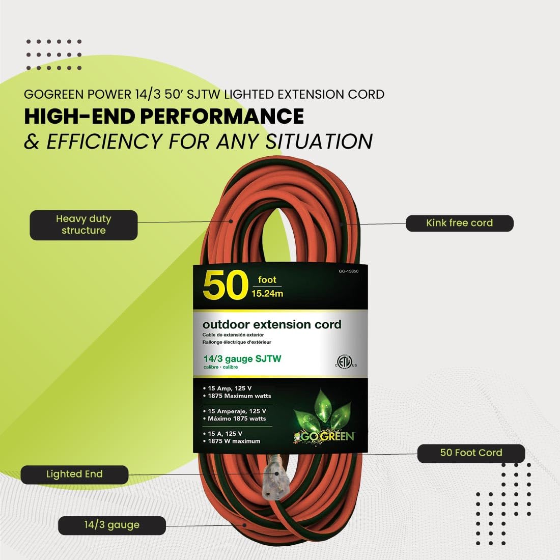 GoGreen Power GG-14025 SJTW - Cable alargador para exteriores (12/3 25''), GG-13850