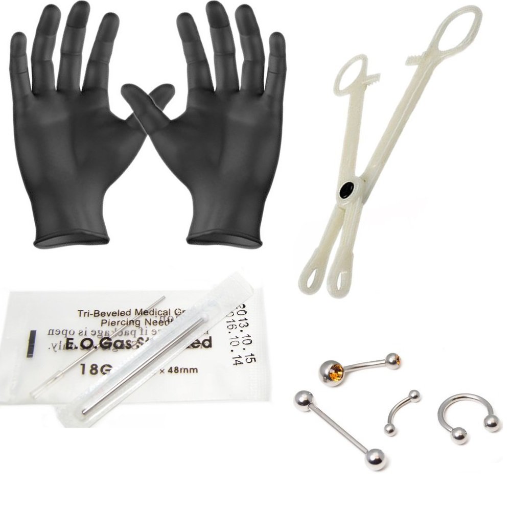 9PCS Body Piercing Kit for All Piercings with 14G Belly Button Ring, 16G Curved Barbell, 16G Circular Barbell, 14G Strength Barbell, 14G 16G Piercing Needles & Body Piercing Clamps Forceps Tool
