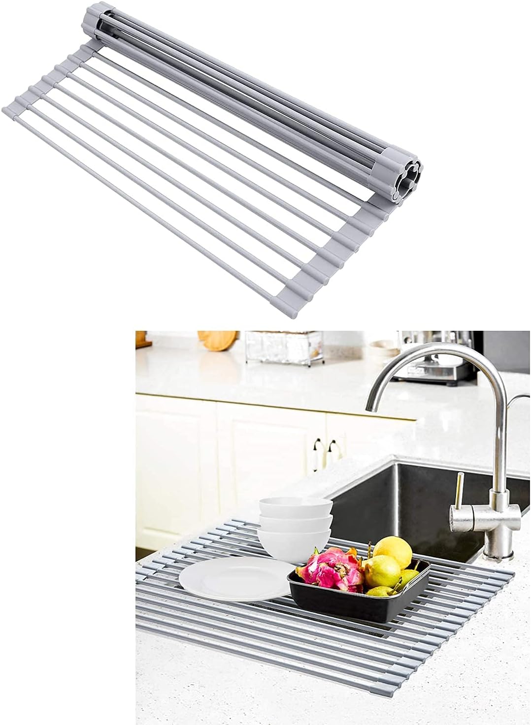 Ohuhu Roll Up Dish Drying Rack, Over The Sink Multipurpose Roll-Up Dish Racks + Roll Up Dish Drying Rack, Large Dish Drying Rack, 17.6" L X 15.4" W, Dish Rack Over Sink