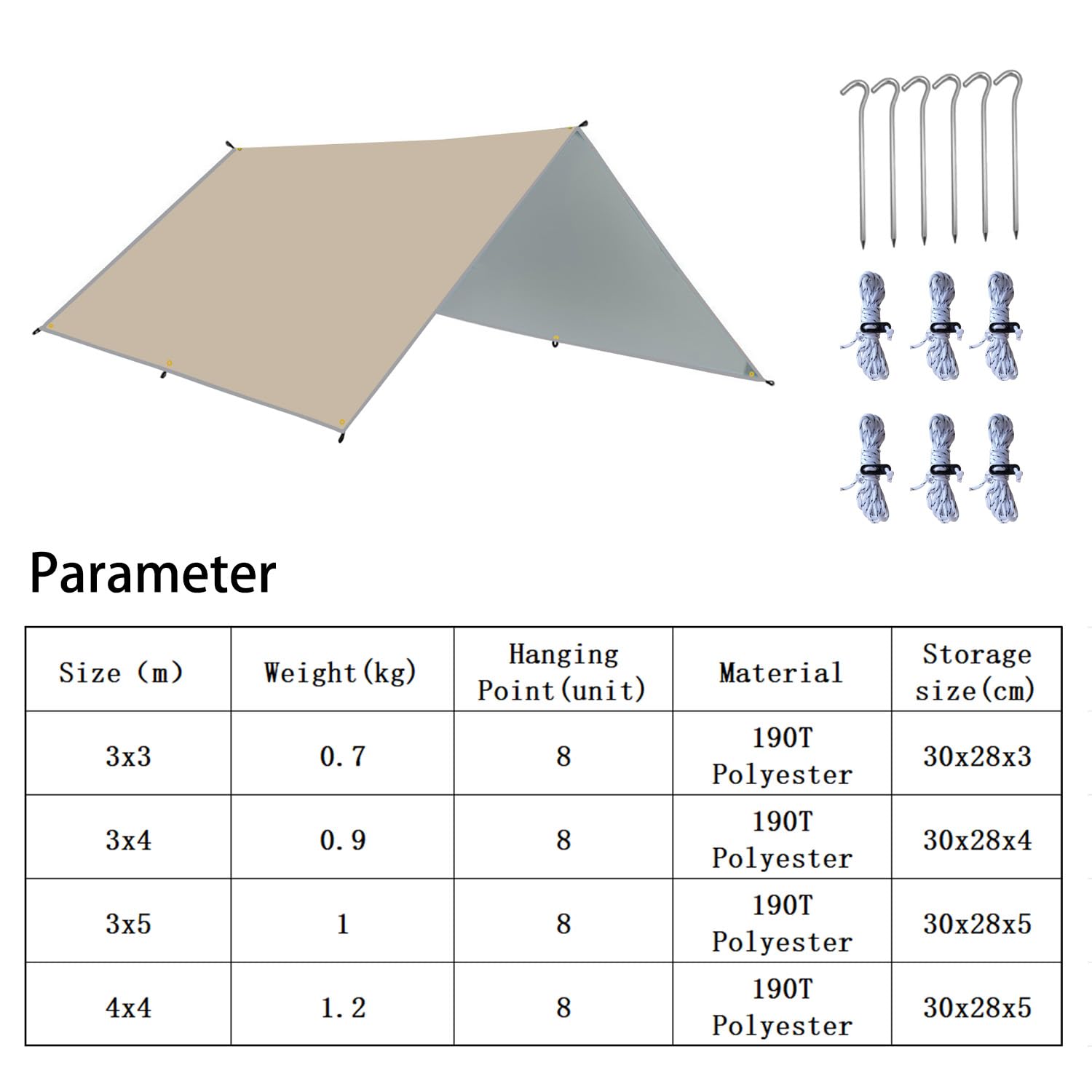 Toldo Camping Tarp Impermeable Tent Hamaca Fly Sunshade Ligera Ligero Shelter para Acampar Senderismo (Caqui, 3x5m)
