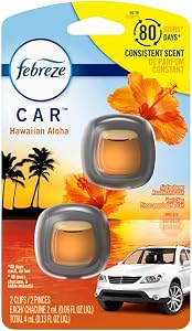 Febreze Car Air Freshener Vent Clip Hawaiian Aloha Scent, .06 oz. Car Vent Clip, 2 Count, Orange and Blue