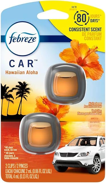 Febreze Voiture Air Refroidisseur Vent Clip Hawaïen Aloha Scent, .06 oz. Clip d'évent de voiture, 2 Compte, Orange et Bleu