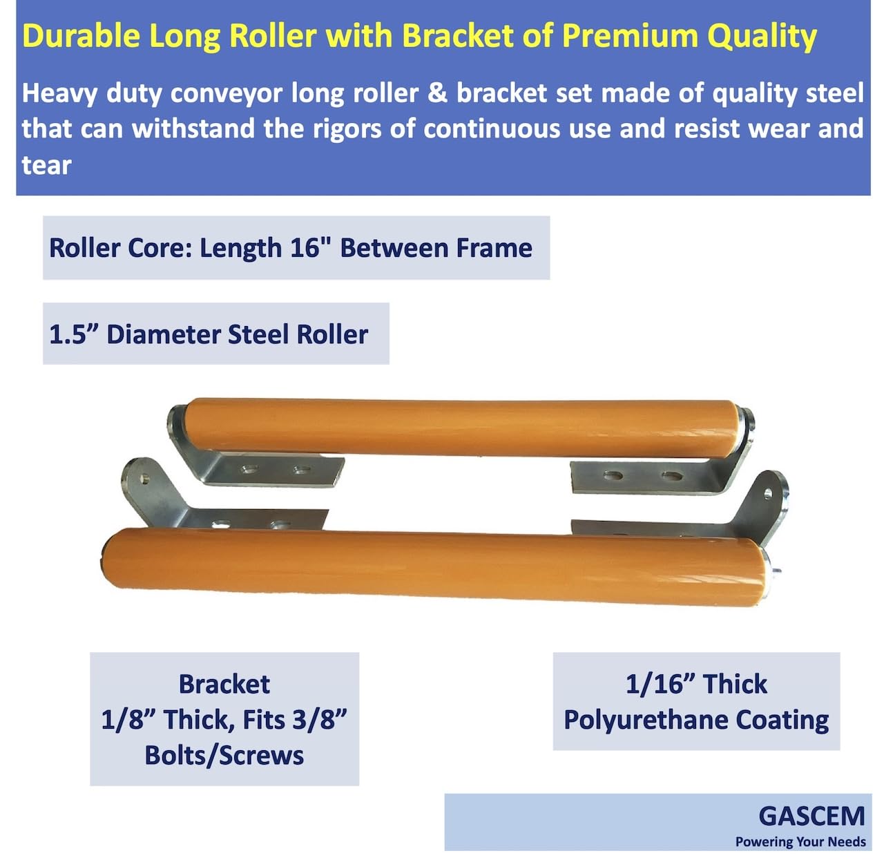 Polyurethane Coated Long Roller With Bracket Set | 16" Length, 1.5" Diameter Conveyor | Galvanized Steel | Versatile Support for Stands, Woodworking, and Conveyors | Pack of 2 — Amazon image 2